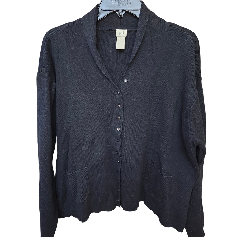 J.Jill Cotton Knit Cardigan Sweater Black Shawl Collar Pockets Classic Office LG
